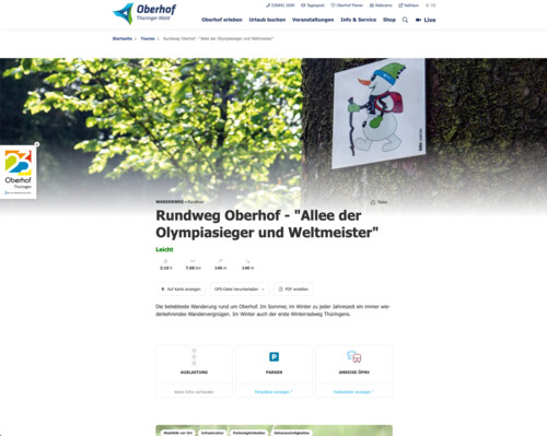 Screenshot der Detailseite Touren www.oberhof.de - Beispiel Darstellung "Rundweg Oberhof"